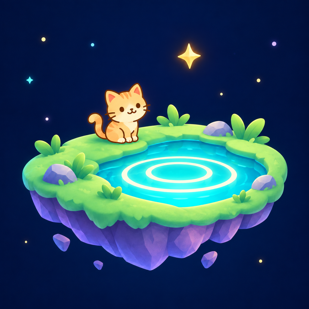 Mili the cat beside a glowing ripple pond on a floating island.